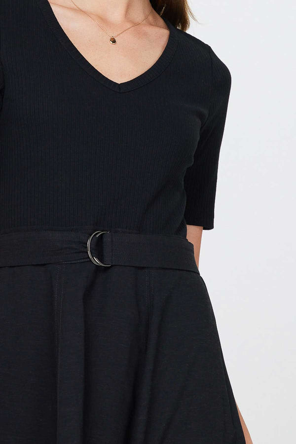 Knitted Vneck Belted Midi Dress Black