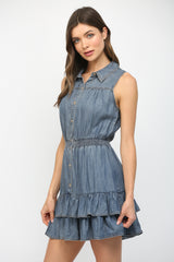 Button Down Tiered Skirt Tencel Dress Denim