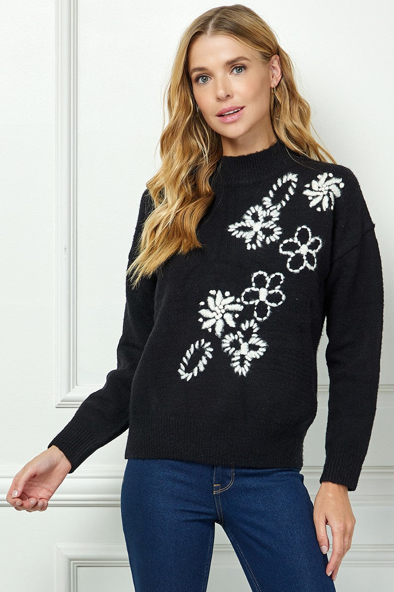 Stitched Flowers Mock Neck Sweater