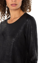 Curved Hem Scoop Neck Long Sleeve Knit Top Distressed Black