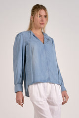 Tencel Cuffed Long Puff Sleeve Tied Top Blue