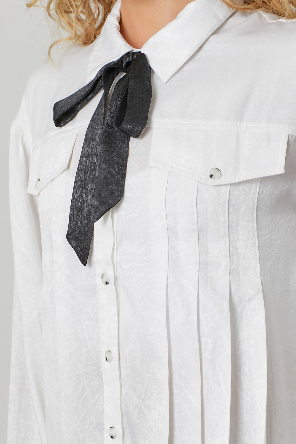 Detachable Tie Neck Pleated Satin Button Down Off White