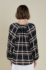 Abstract Plaid Satin Tie Neck Blouse Black