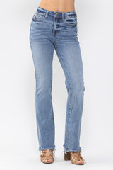 High Waist Double Button Fray Hem Bootcut Jeans Medium