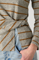 Twist Detail Boat Neck Knit Top Heather Grey Yellow Stripe