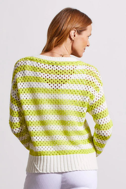 Boat Neck Open Knit Stripe Sweater Lime