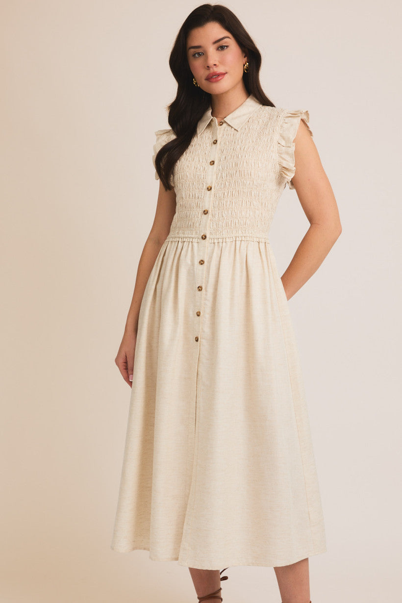 Button Up Smock Detail Ruffle Cap Sleeve Midi Dress Cream