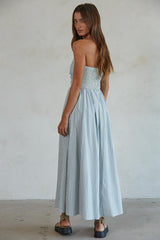 Striped Strapless Smocked Back Maxi Dress Dusty Blue