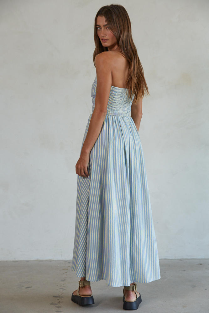 Striped Strapless Smocked Back Maxi Dress Dusty Blue
