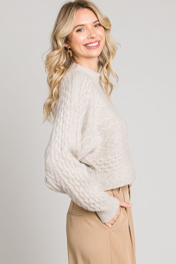 Cable Knit Cropped Dolman Sweater Heather Oat