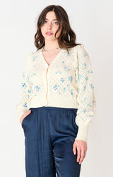 Pointelle Embroidered Cardigan Ecru + Blue Floral
