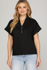Drop Shoulder Half Zip Top Black