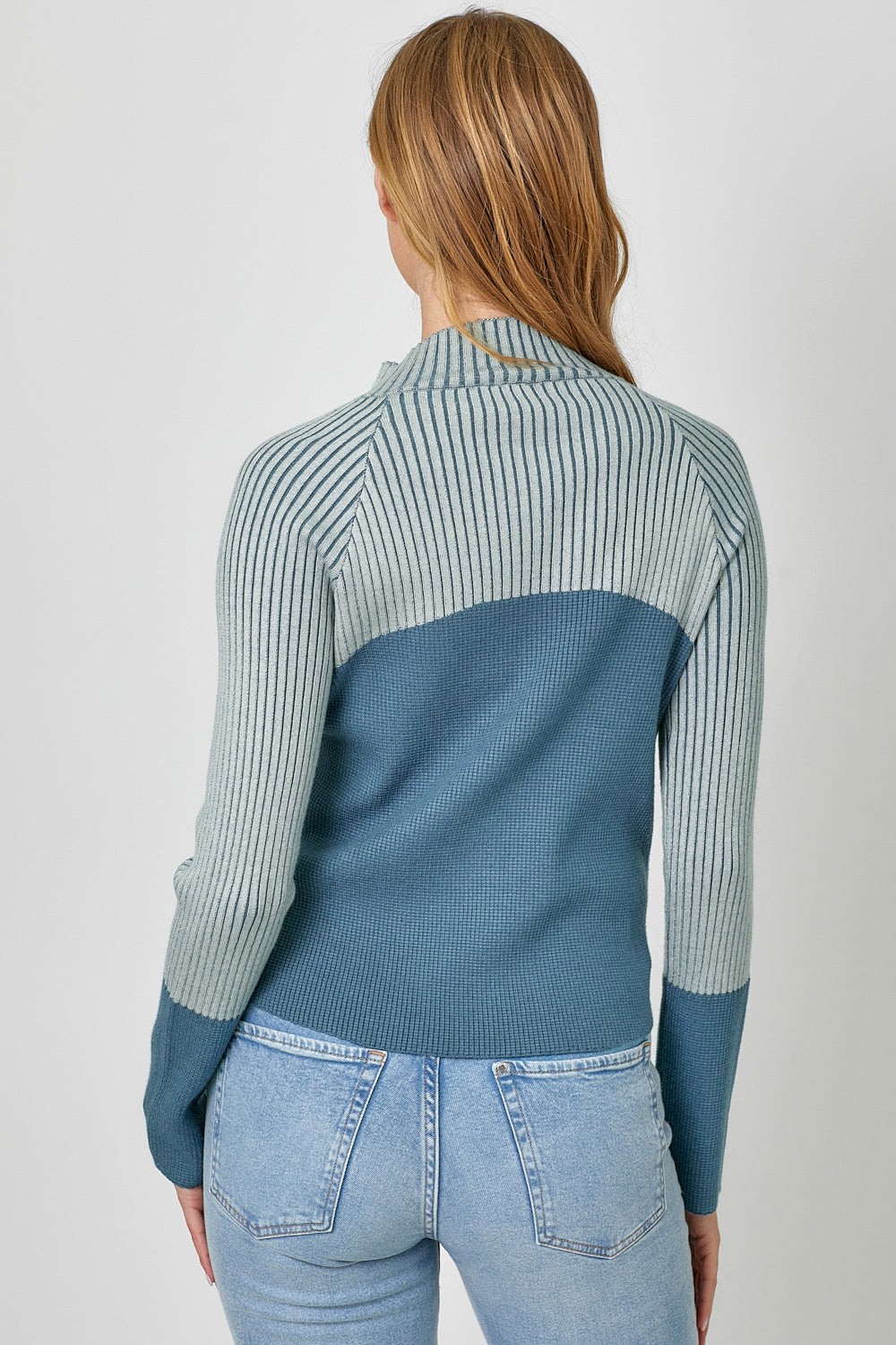 Stripe Contrast Fitted Mock Neck Zip Up Sweater Blue