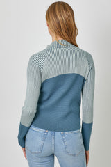 Stripe Contrast Fitted Mock Neck Zip Up Sweater Blue