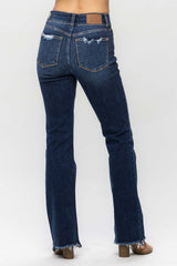 Double Button High Waist Vintage Frayed Hem Bootcut Jeans Dark