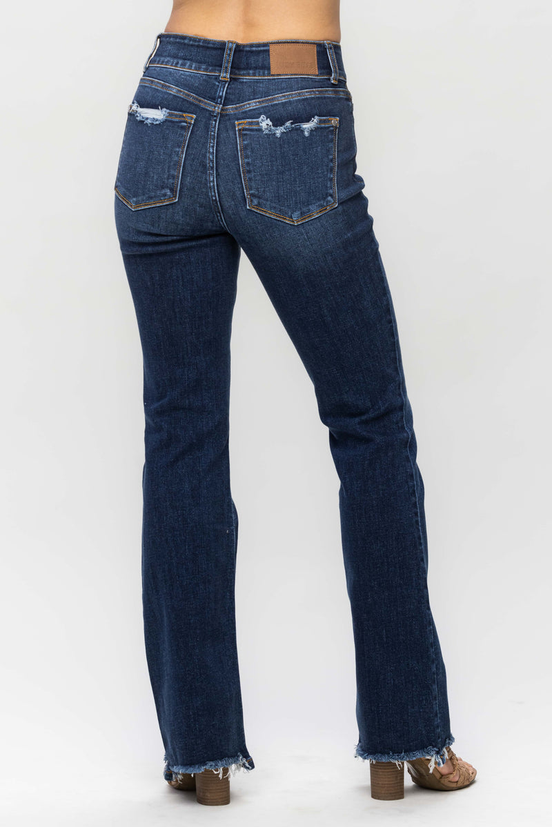 Double Button High Waist Vintage Frayed Hem Bootcut Jeans Dark