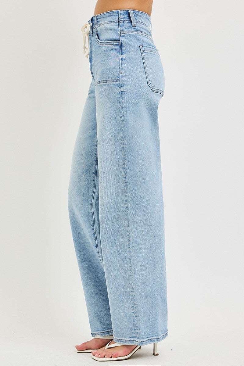 Tied Waistband High Rise Wide Baggy Jeans Light