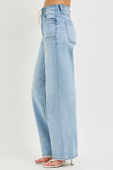 Tied Waistband High Rise Wide Baggy Jeans Light