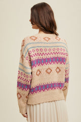 Mixed Diamonds Print Buttoned Cardi Natural + Magenta