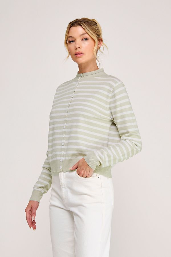 Striped Subtle Mock Neck Cardigan Soft Gray Stripe