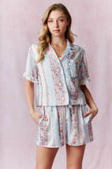 Floral Print Satin Ruffle Detail PJ Set Light Blue Multi