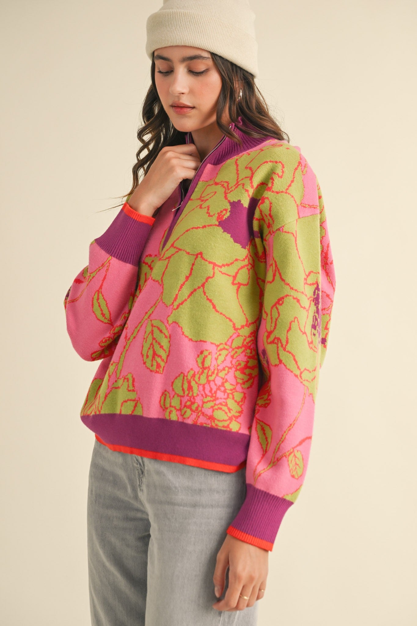 Floral Knit Mock Neck Half Zip Sweater Fuchsia Sage