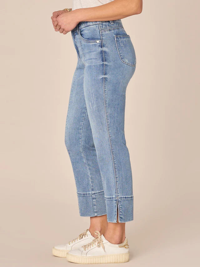 Center Seam Side Slit High Rise Kick Flare Jeans Light Blue