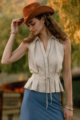 Halter Neck Ladder Lace Tied Collared Tank Natural