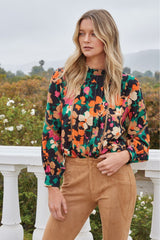 Floral Tucked Detail Lace Insert Blouse Navy Multi