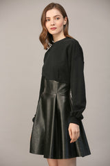 Mix Media Corset Waist Leather Dress Black