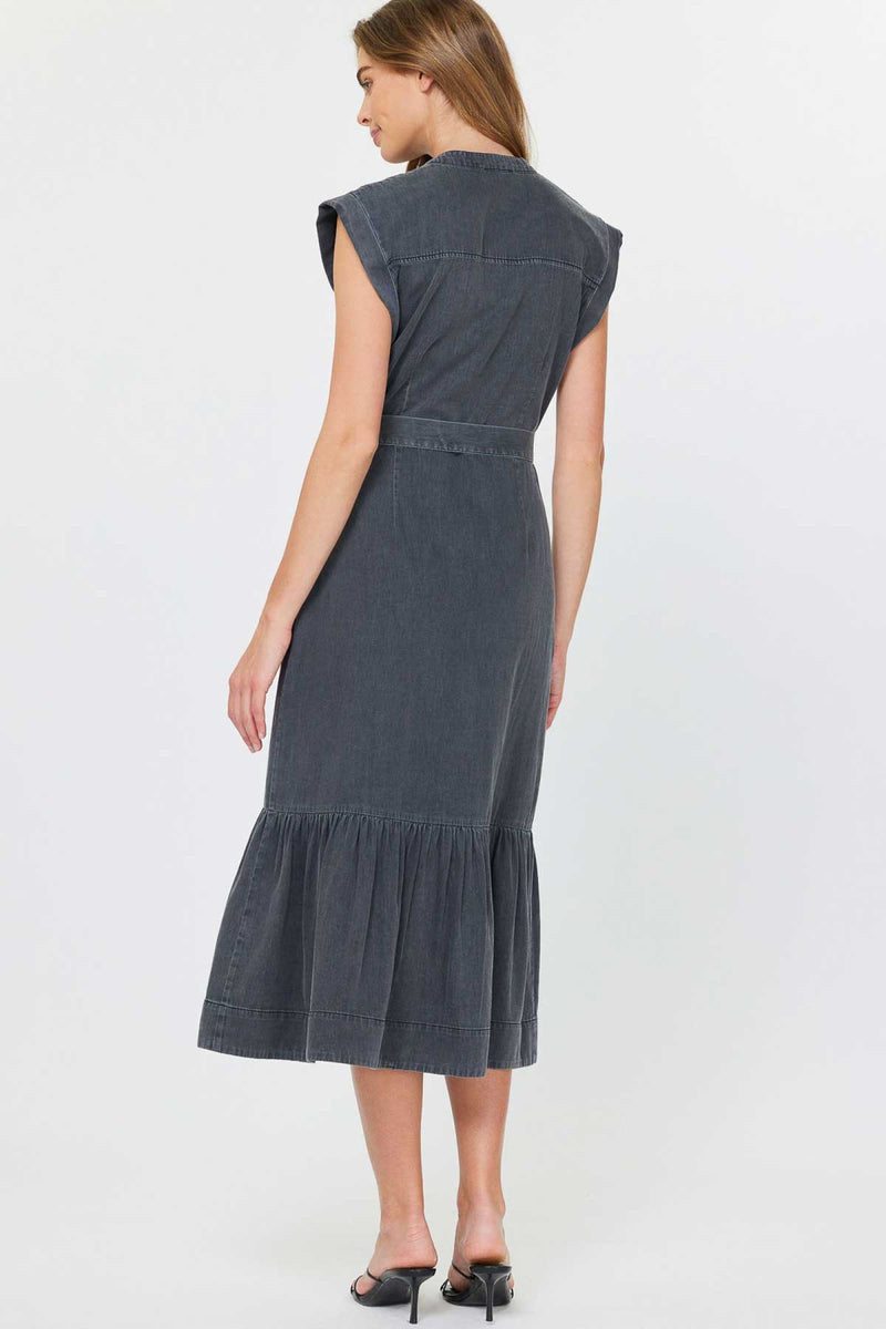 Cap Sleeve Tie Belt Ruffle Hem Midi Dress Washed Black