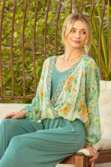 Mix Border Print Surplice Top Green Mix