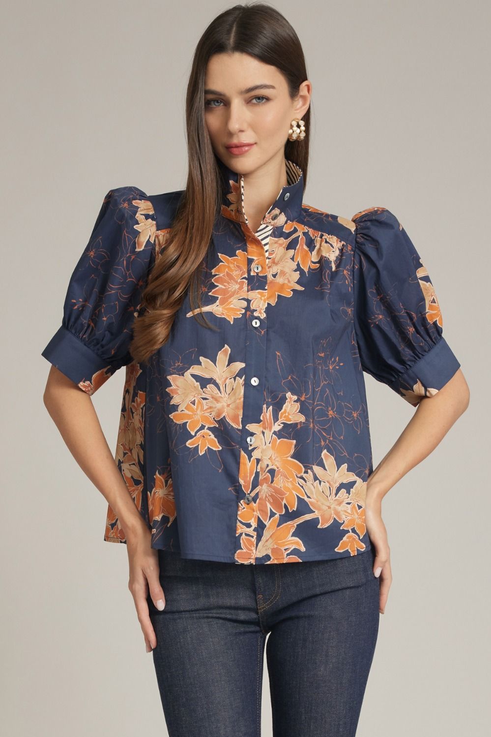 Floral Puff Sleeve Stand Neck Top Midnight
