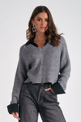 Cropped Sweater Two Fer Collar Top Grey + Black