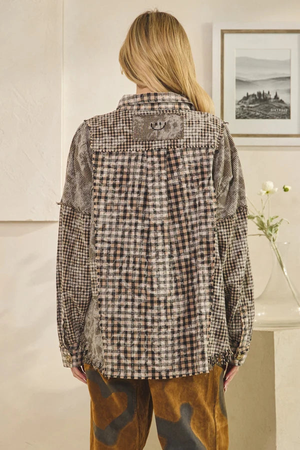 Washed Plaid Mixed Button Down Frayed Hem Shirt Black