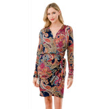 Long Sleeve Side Tie Wrap Dress Navy Paisley