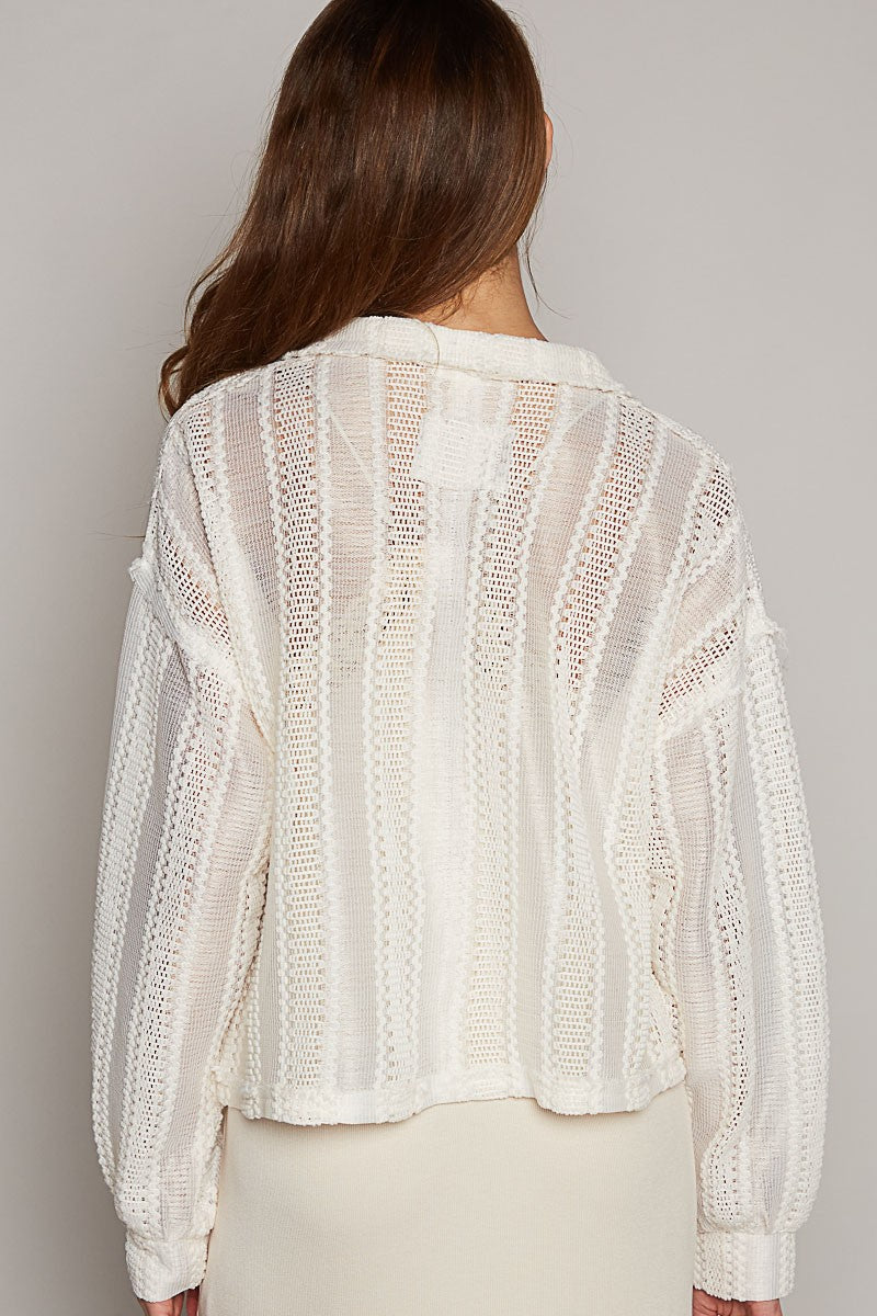 Striped Lace Crochet Front Pocket Shacket Cream