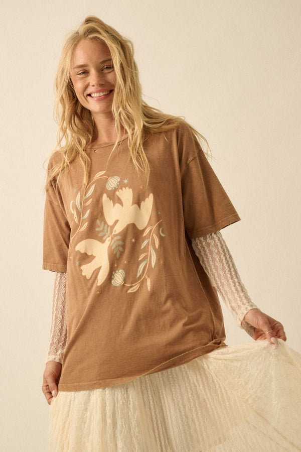 Distressed Mineral Washed Doves and Flowers Graphic Tee Toffee