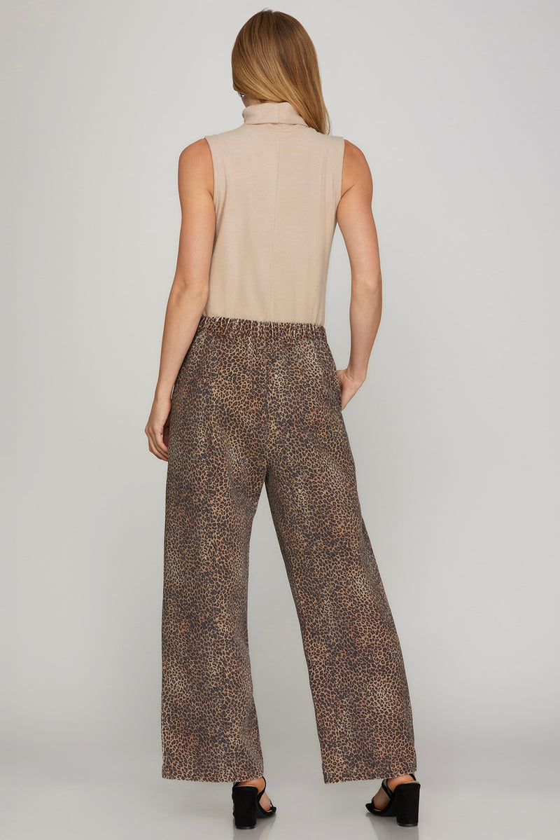 Leopard Print Twill Washed Tie Waist Pants Brown