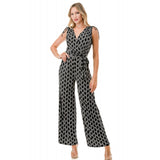 Tie Shoulder Belted Wide Leg Jumpsuit Black White Wave Chain