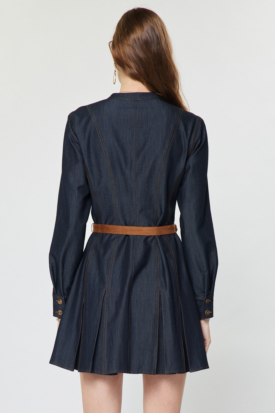 Pleated Detail Contrast Stitch Belted Denim Dress Dark Denim