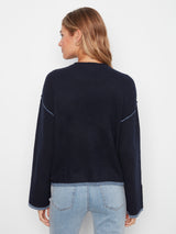 Wide Long Sleeve Asymmetric Contrast Hem Detail Sweater Navy