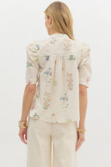 Floral Print Elbow Length Puff Sleeve Lace Trim Top Cream