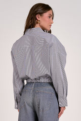 Cropped Tie Waist Button Down Shirt Black Stripe