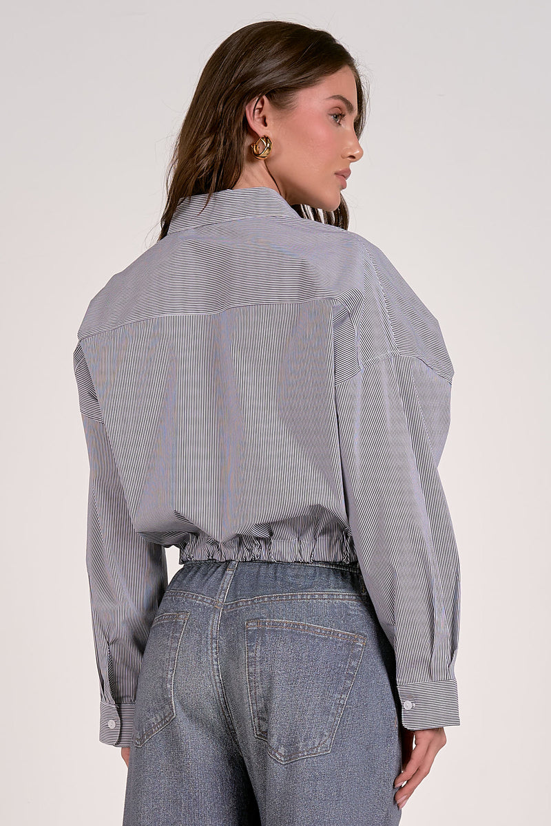 Cropped Tie Waist Button Down Shirt Black Stripe