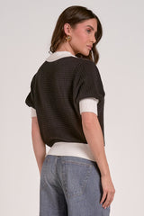 Puff Short Sleeve Contrast Collared Sweater Black White