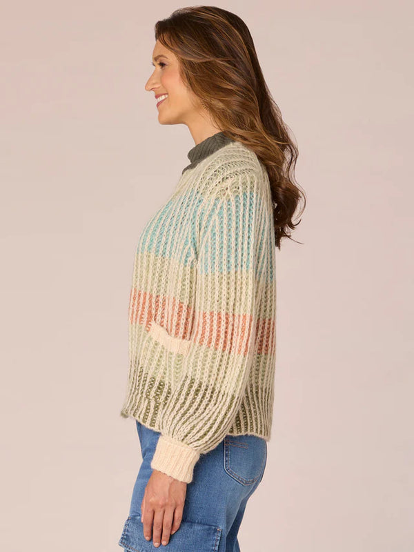 Knit Stripe Multicolor Blouson Sleeve Cardi Ivory Multi