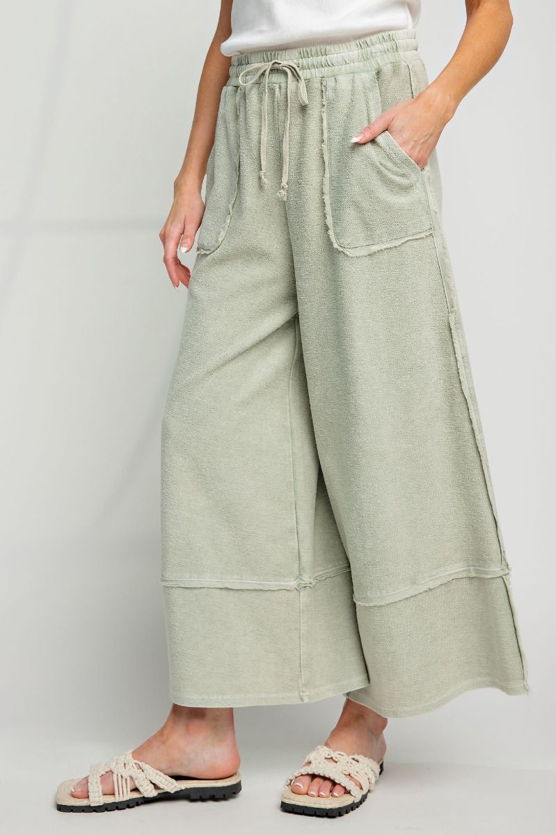 Mineral Wash Terry Knit Palazzo Pants Faded Olive