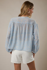 Tie Neck Printed Semi Sheer Long Sleeve Blouse Light Blue Cream Paisley