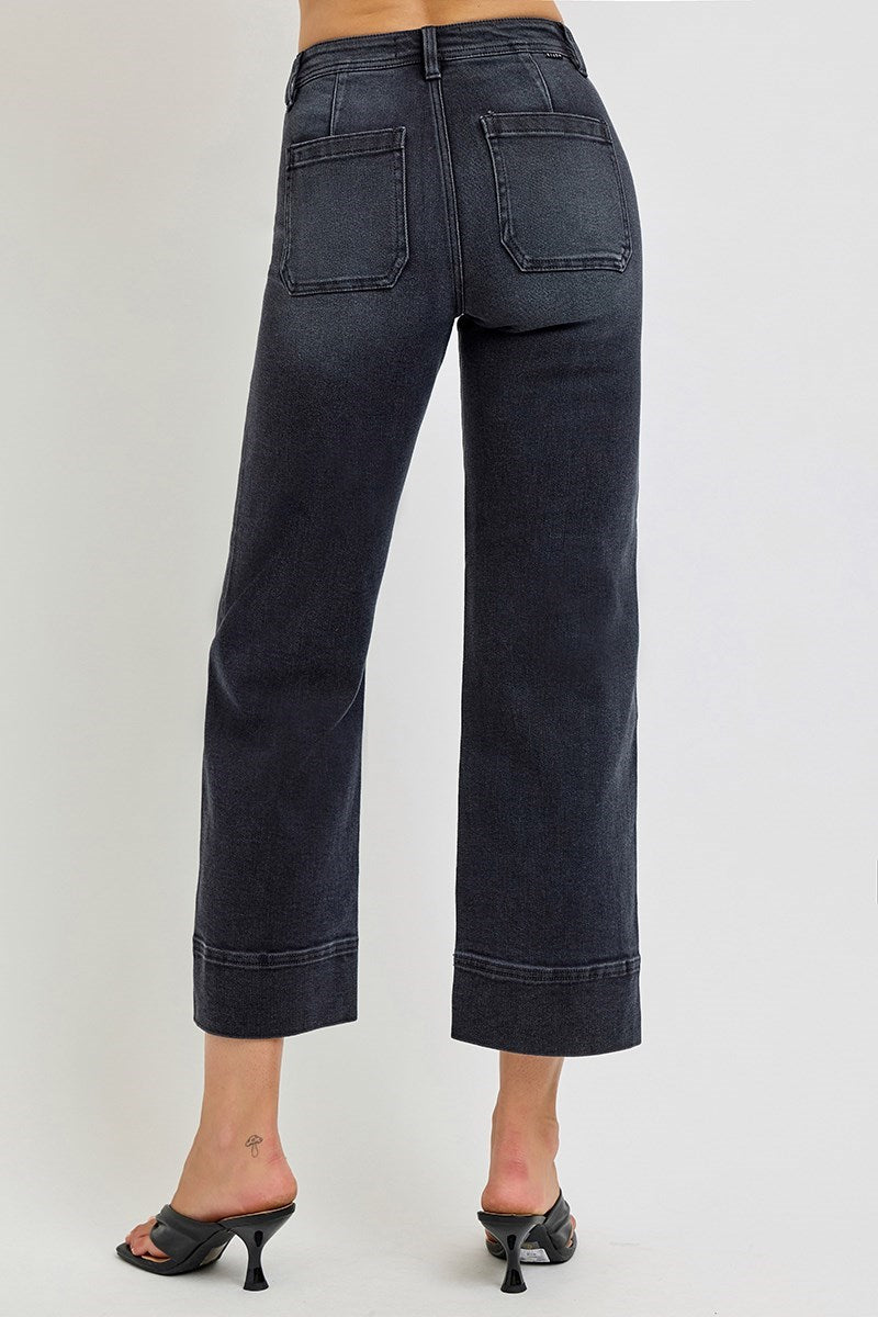 High Rise Crop Wide Jeans Washed Black
